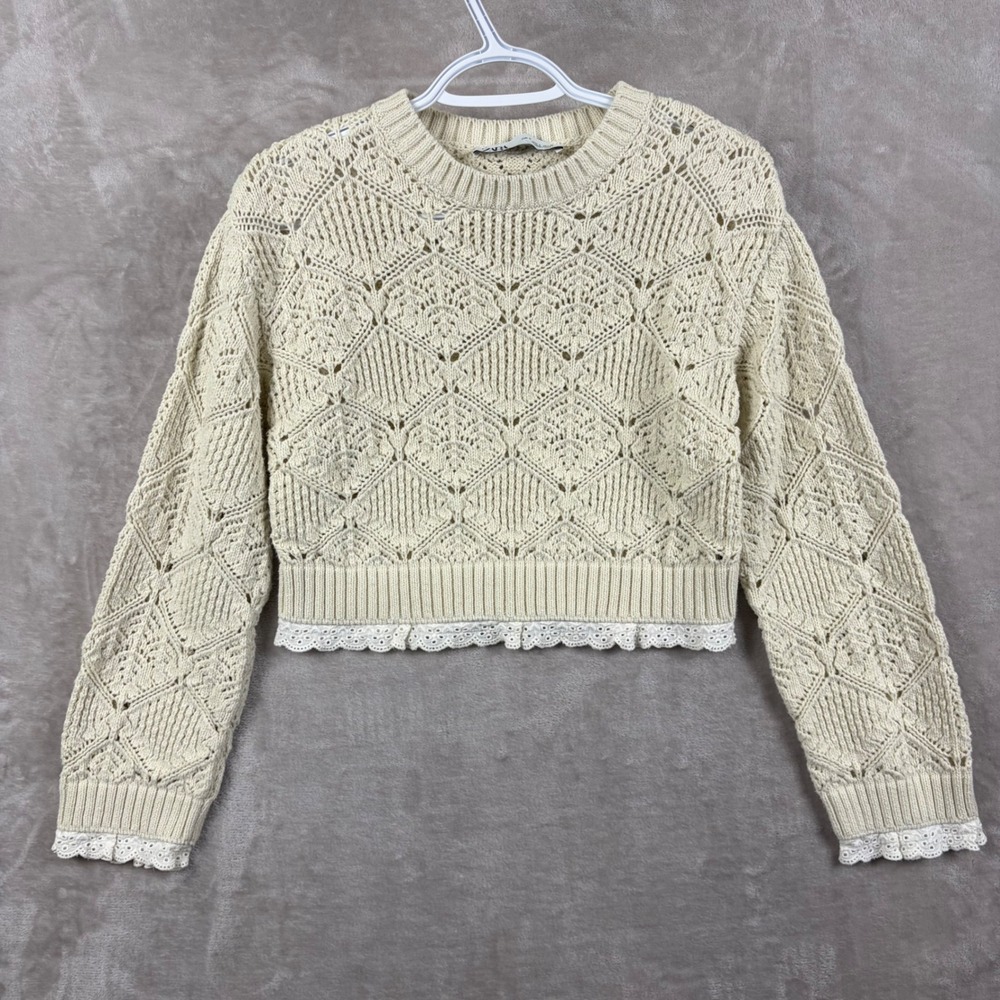 Zara Women S Cream Crochet Pointelle Cropped Sweater Lace Eyelet Trim
